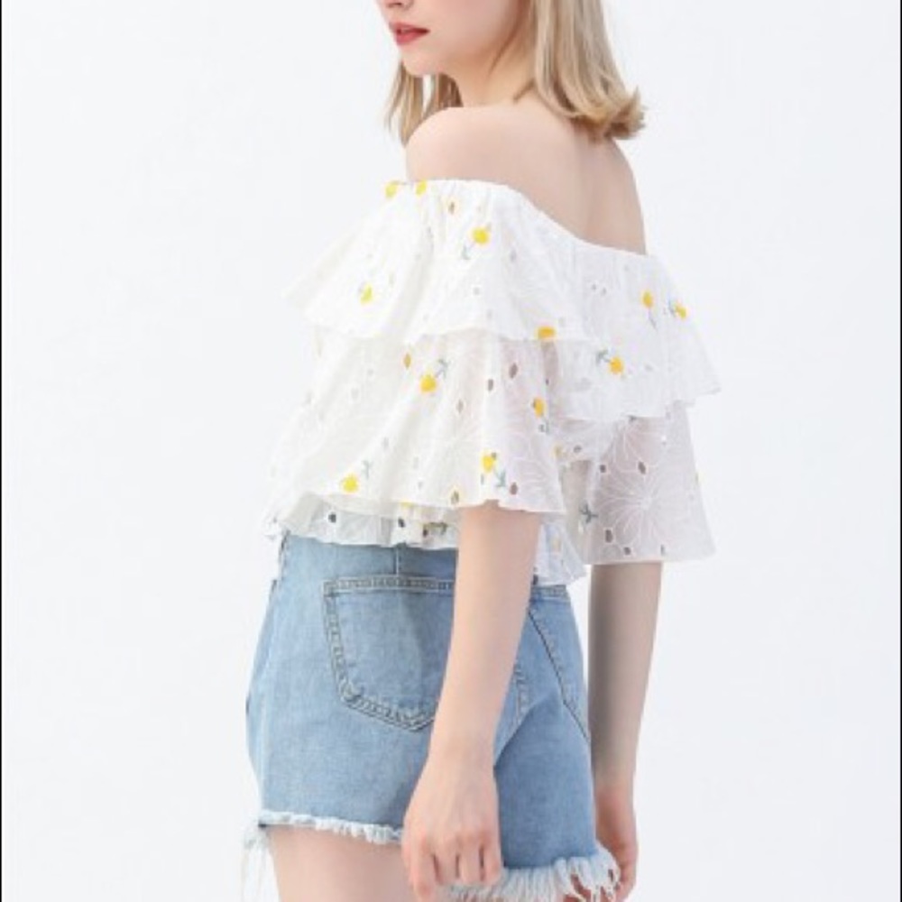 Embroidered Eyelet White Ruffle Ribbon-Tie Top - Picture 7 of 7